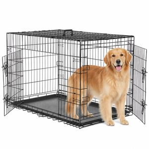 Cage pliable respirante en métal pour chiens et chats, double porte, robuste, avec panneau de séparation et plateau amovible, noire, vente en gros - Product Image 1