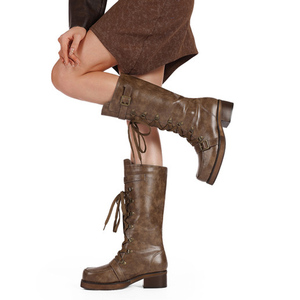 Western Style Women Lace up <b>Boots</b> Belt Metal Buckles Cowboy Knee High Long Booties Ladies Low Chunky Heels Shoes - Product Image 5