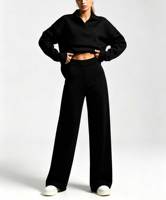 Ensemble deux pièces en tricot à col polo pour femmes, hauts à manches longues, pantalon large, tenue décontractée et ample pour la maison