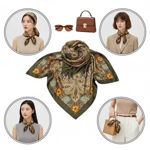 Écharpe carrée en soie satinée de 90 cm à imprimé paisley vert olive pour femmes, style vintage, bandeau et accessoire pour le cou - Product Image 1
