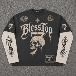 BlessTop Vintage Washed <strong>Gothic</strong> Skull Graphic <strong>T</strong> <strong>Shirt</strong> Y2K Layered Distressed Heavyweight Streetwear Tee OEM ODM - Product Image 3