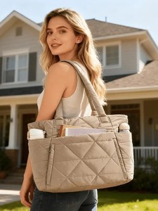 High-end Large Quilted Waterproof Girls <b>Tote</b> Shoulder Bag Two Straps Zipper Closure Durable Reusable <b>Nylon</b> Portable Adjustable - Product Image 3