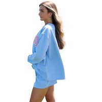 Ensemble sweat-shirt et short bleu à double taille KY pour femme, avec patch lettre à carreaux, pull oversize, tenue décontractée deux pièces, logo personnalisé