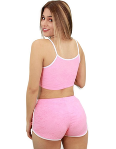 Conjunto de dos piezas rosa para mujer, top corto sin mangas y pantalones cortos por encima de la rodilla, informal, para primavera y verano, de punto de algodón y spandex. - Product Image 1