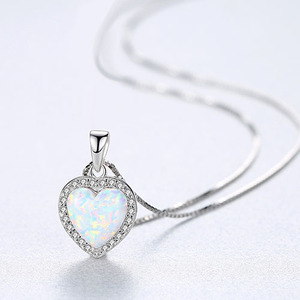 925 Sterling Silver Blue Fire <strong>Opal</strong> Heart Pendant <strong>Necklace</strong> For Women Trendy Gold Plated Link Chain Fashion Gift - Product Image 2