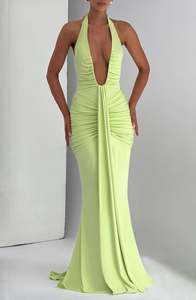 Летнее платье макси без рукавов, Клубное платье с глубоким V-образным вырезом и открытой спиной, пикантное однотонное зеленое вечернее платье для выпускного вечера - Product Image 2