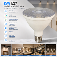 Ampoule LED PAR 15W E27 3000K 4000K 6000K AC85-265V CRI80 sans scintillement avec lentille COB pour éclairage domestique, hôtelier, commercial et de vente au détail