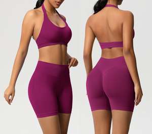 Женский бесшовный комплект для йоги: топ-халтер с подкладкой и защитой от ударов, шорты с высокой талией, 2 предмета, спортивный костюм для тренажерного зала - Product Image 1