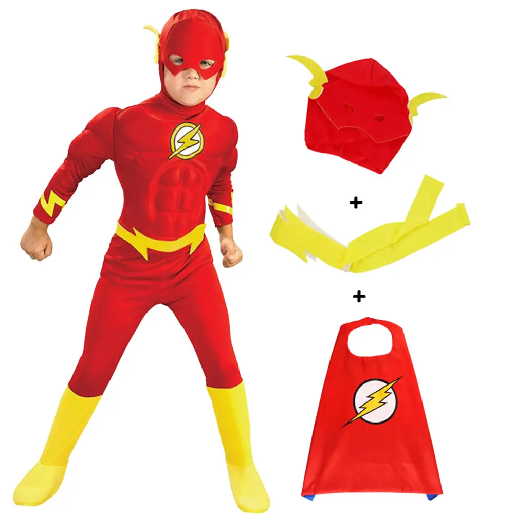 Film Kinder-Cosplay Karneval Muskel The Flash Jumpsuit Halloween Superheld Boys Flash Man Körperanzug Kostüm mit Kopfstück