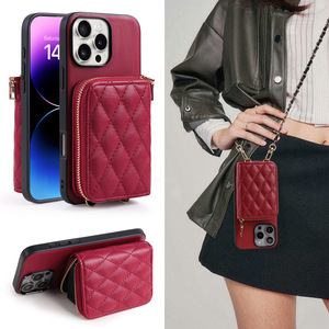 Étui portefeuille bandoulière matelassé en cuir PU de luxe avec motif losanges, pour téléphone universel, porte-cartes zippé et chaîne de lanière - Product Image 2