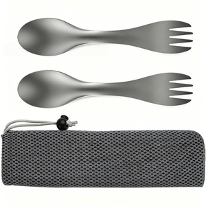 Stainless Steel Spork Set with Mesh Pouch Eco-Friendly Portable Utensil for Outdoor Camping <b>Backpacking</b> - Product Image 1