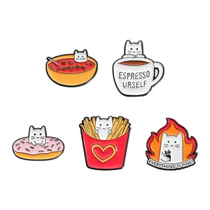Todo está bien gatito esmalte Metal Pins gato perro Donut café broches lindo dibujos animados Anime Pin insignia al por mayor - Product Image 3