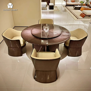 Set da Pranzo in Legno Impiallacciato Design Italiano, Tavolo Rotondo in Legno Massello con Vassoio Girevole e 4 Sedie, Misure Personalizzabili per Villa e <span class=keywords><strong>Hotel</strong></span> - Product Image 2