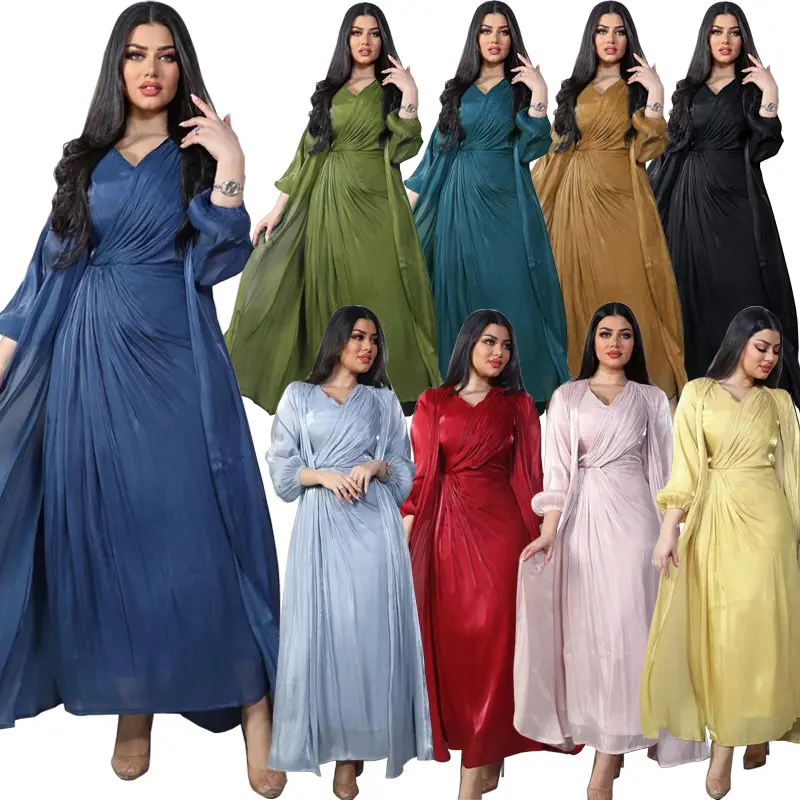 최신 두바이 터키 반짝 이는 반짝이 실크 새틴 의류 드레스 패션 긴 소매 가운 이슬람 여성 두 조각 Abaya 세트 원피스