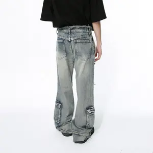 GDTEX ODM OEM Streetwear Baggy Distressed Jeans Men Raw Edge Vintage Wash Jeans Oversize Baggy Flare Jeans Pant Men Y2k Straight