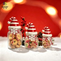 Cadeau de Noël : Pot en verre à rayures verticales, couvercle en céramique rayé rouge et blanc, cordelette flocon de neige incluse pour la décoration de table