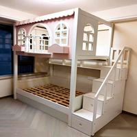 Lit superposé pour enfants sur le thème de la maison de poupées JS FURNITURE avec toboggan et bureau d'étude, ensemble de lit pour enfants en bois blanc
