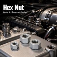 Écrou hexagonal sans chrome avec revêtement Dacromet, testé 1500 heures en spray salin, pour environnements marins à forte corrosion, fixations côtières