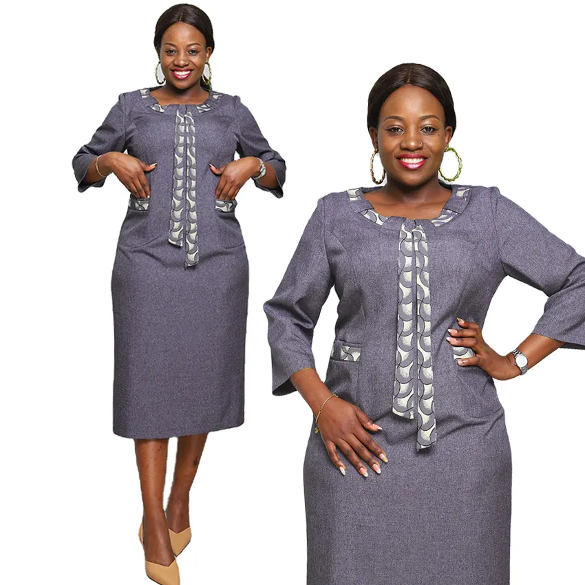 African office knee length dresses with decoration stripe on neckline