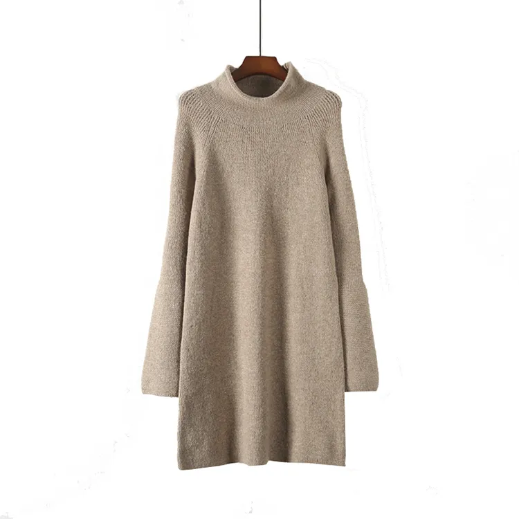 Shaggy High Neck Trumpet Sleeve Sweater Dress Woman Long Dress Casual Knitted