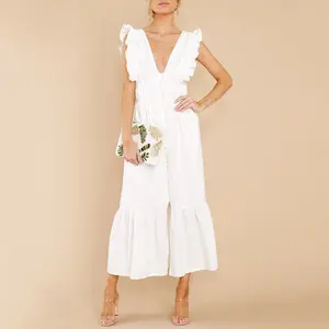 Design Custom Ladies Summer Ruffle Sleeve Solid Color Casual Shirt Long Dress Beautiful White Sexy Women's Maxi Dresses