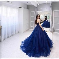 Robe de Soirée Bleue en Dentelle Coupe A-Line Simple et Naturelle, Sur Mesure, Sans Manches, Longueur Ras du Sol, avec Appliques et Perles, Col Cœur, Grande Taille, Collection Bal de Promo 2025