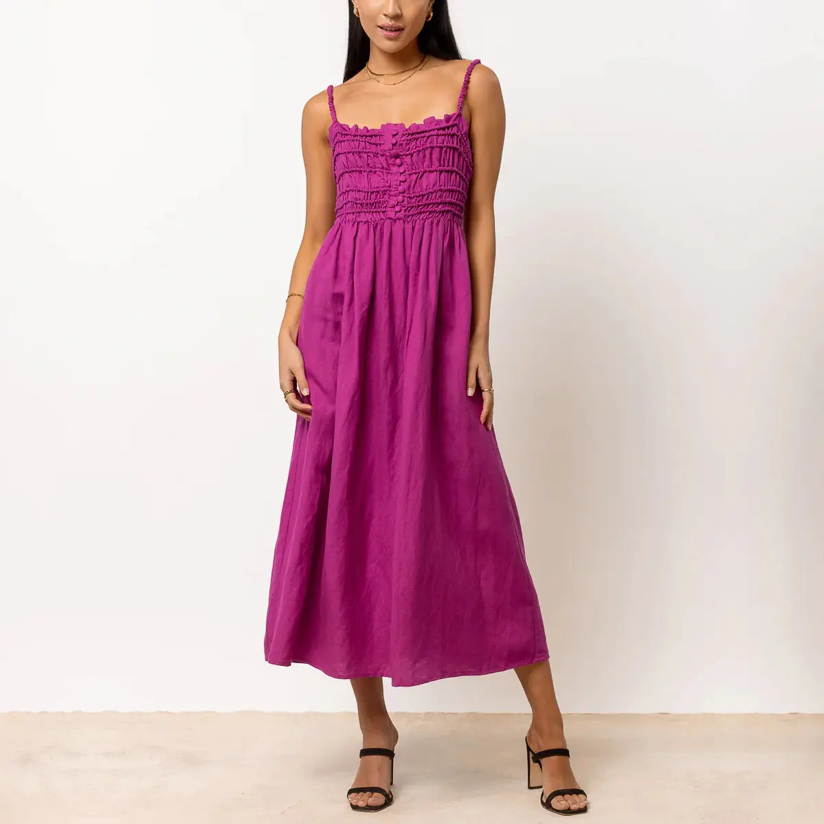 Low MOQ Custom Logo High Quality Fashion Clothing Body Detailed Solid Purple Color Cotton Linen Women's Midi Dress Summer