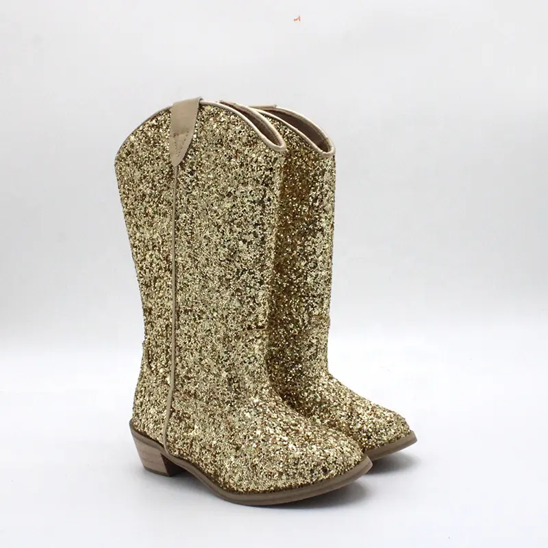 Botas de couro para crianças, sapatos oxford com glitter e glitter, para crianças, na altura do joelho