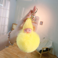 Mignon sommeil poupée en peluche fourrure porte-clés pompon boule de fourrure de renard porte-clés voiture porte-clés sac pendentif dessin animé poupée porte-clés cadeau