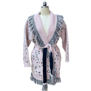 Nuova tendenza fatta a mano cappotto di <span class=keywords><strong>lana</strong></span> con cintura nappa Jacquard <span class=keywords><strong>Cardigan</strong></span> maglione lavorato a maglia Casual da <span class=keywords><strong>donna</strong></span> - Product Image 4