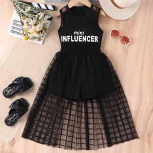 यूरोपीय अमेरिकी ग्रीष्मकालीन लड़कियों की गंध बच्चों के सूट आस्तीन के सूट आस्तीन रहित मुद्रित पत्र जैकेट गर्दन बटन - Product Image 1