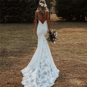 Wedding Dress Mermaid V Neck <b>Lace</b> Backless <b>White</b> Slim Fit For Beach Banquet Evening Gown - Product Image 2