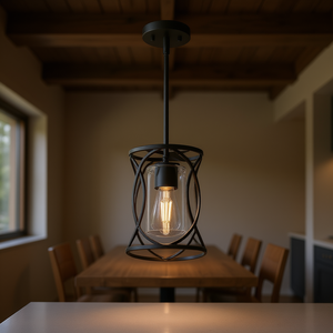 Modern 1-Light Industrial Pendant Light Black Metal <b>Cage</b> Clear <b>Glass</b> Shade For Dining Room Indoor Lighting - Product Image 2