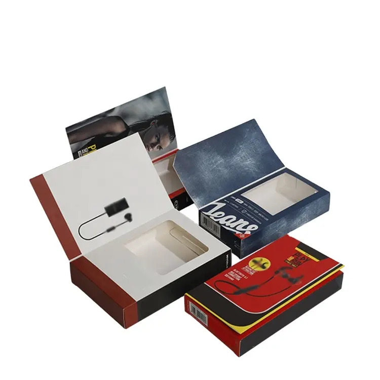 Cajas de embalaje de regalo para auriculares, caja de cartón personalizada para auriculares inalámbricos con ventana transparente magnética, venta al por mayor