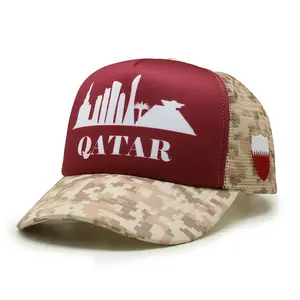 Topi Bisbol Jaring Lapisan Satin Kustom Qatar Topi Trucker Busa Cetak Logo Cetak Sublimasi Layar Belakang Jaring