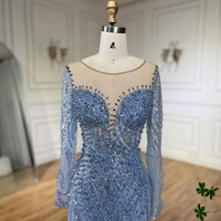 Serene Hill LA72264 Blaues Perlen-Verziertes Meerjungfrau-Abendkleid Langarm Elegante Formelle Partykleider für Damen