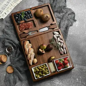 Plato de madera para servir comida, juego de cuchillo de queso con compartimiento y tazón de cerámica