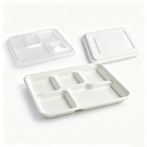 Barquette alimentaire compostable à 5 compartiments peu profonde pour traiteur, personnalisable, pour dîner de fruits de mer, à emporter - Product Image 1