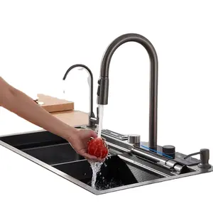 Yimilla 304 Led Digital Display Removable Waterfall Faucet Bionic Honeycomb Ceramic Kitchen Sink With Knife Holder