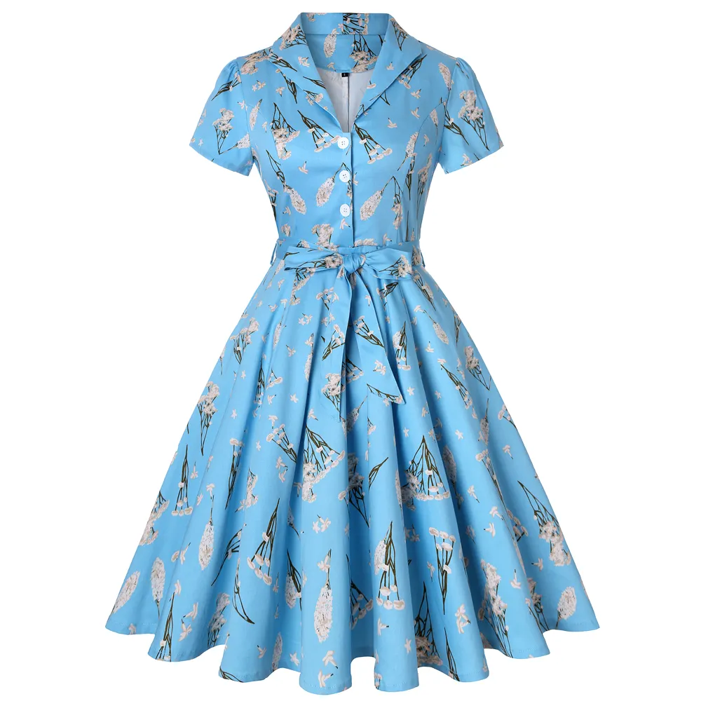 Gaun Vintage Bercetak 2020 Gaun Wanita Ukuran Plus Tunik Katun Motif Bunga Biru Langit Baru Gaun Wanita Ukuran Besar SD0002