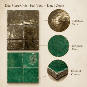 Carrelage Céramique Artisanal Style Zellige Marocain Premium 100x100mm, Glaçure Métallique Effet Craquelé Glacé pour Dosseret de Cuisine, Vente <span class=keywords><strong>en</strong></span> Gros OEM - Product Image 2