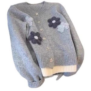 Women's Gray Floral Knitted <b>Cardigan</b> Loose Fit Single Breasted Autumn Winter Korean Style Sweater Top Anti Pilling - Product Image 3