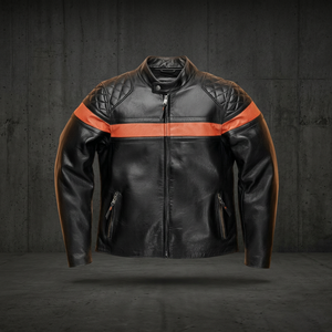 Veste de moto en cuir noir pour homme avec design à blocs de couleur orange, manches longues, coupe-vent, à porter en toutes saisons - Product Image 2