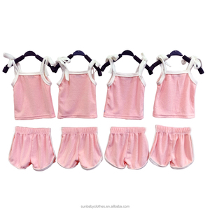 ชุดเสื้อผ้าสำหรับเด็กยอดนิยมเสื้อแขนกุดผูกเชือกเทอร์รี่บล็อกสีพื้น - Product Image 1