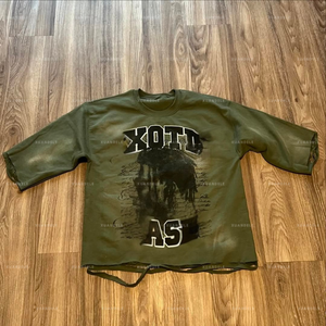 T-<span class=keywords><strong>shirt</strong></span> imprimé Dtg vert <span class=keywords><strong>armée</strong></span> personnalisé 350 g/m² coton éponge français bord brut Streetwear T-<span class=keywords><strong>shirt</strong></span> lavage à l'acide Vintage T-<span class=keywords><strong>Shirt</strong></span> en détresse - Product Image 1
