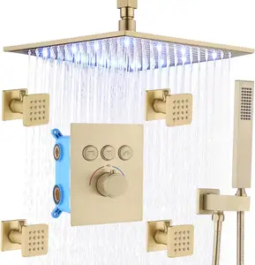 12 Inch Ceiling Mount Led Rainfall Shower with Handheld Spray Shower Faucet Sets complete All Showerheads Can Work Together