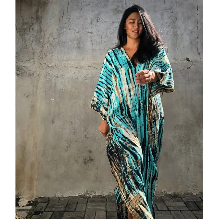 النساء بالجملة المغربي قفطان مصمم أزياء الأزرق طباعة مطاطا طويل التستر اللباس
