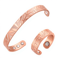 Set Cincin Gelang Magnetik Tembaga Murni Vintage Ukiran Daun Tembaga Mawar Gelang Manset Terapi Magnet Perhiasan Pria Wanita Grosir