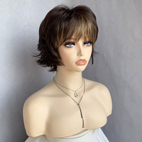 Perruque synthétique courte brune coupe pixie avec frange moelleuse pour femme, résistante à la chaleur, lisse et soyeuse, ondulée, dégradée, fabriquée à la machine