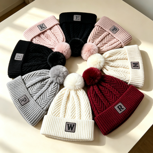 Wholesale Custom Embroidery Wovel Label Logo Pom Pom Beanies 100% Acrylic Knit <strong>Fleece</strong> <strong>Lined</strong> Winter <strong>Hats</strong> Warm <strong>Bobble</strong> Caps - Product Image 6